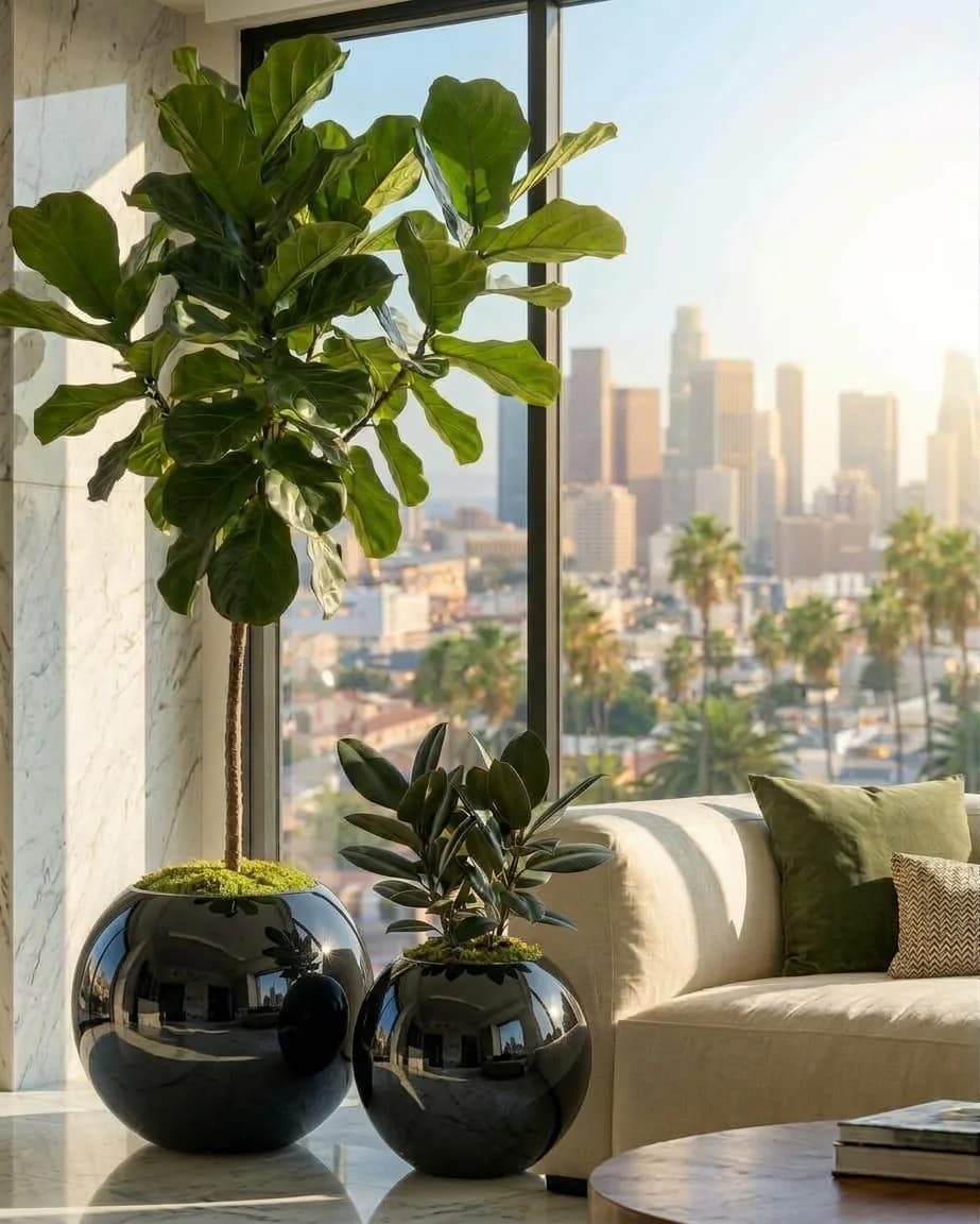 Bird of paradise in a white planter beside a cream sofa, Los Angeles skyline through the window
